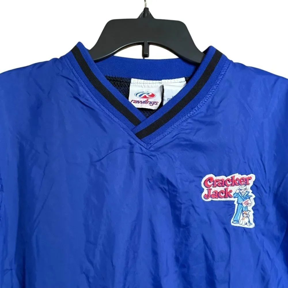 VINTAGE Rawlings Blue V-Neck Pullover with Cracker Jack Logo Patch Size XL